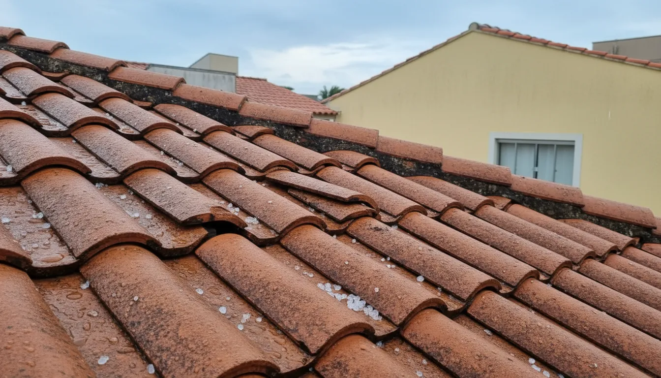 Telhado de telhas cerâmicas molhado, com pedras de granizo espalhadas, em casa de Porto Alegre