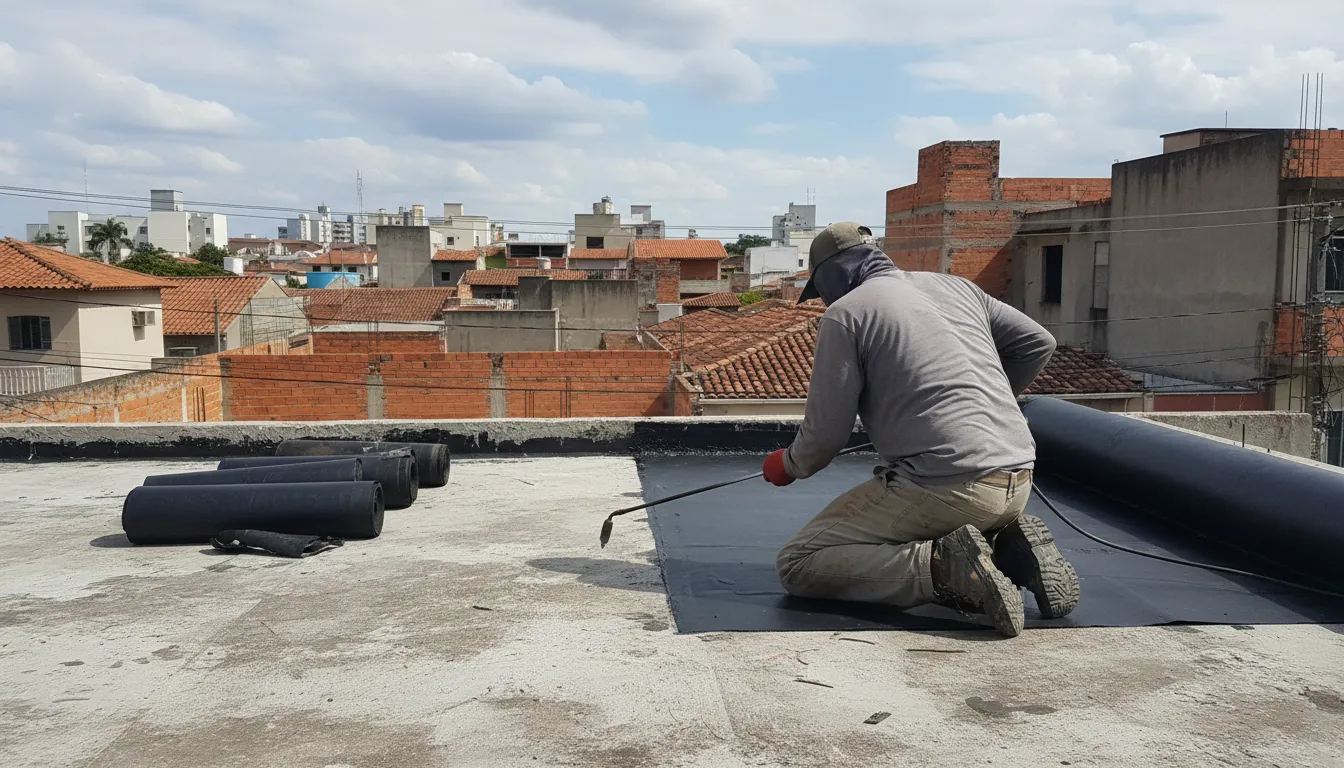 Profissional aplicando manta asfáltica na impermeabilização de uma laje de cobertura